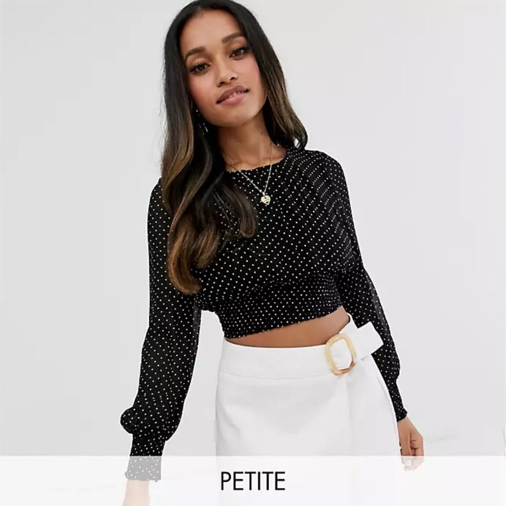 River Island Petite crop blouse in black polka dot